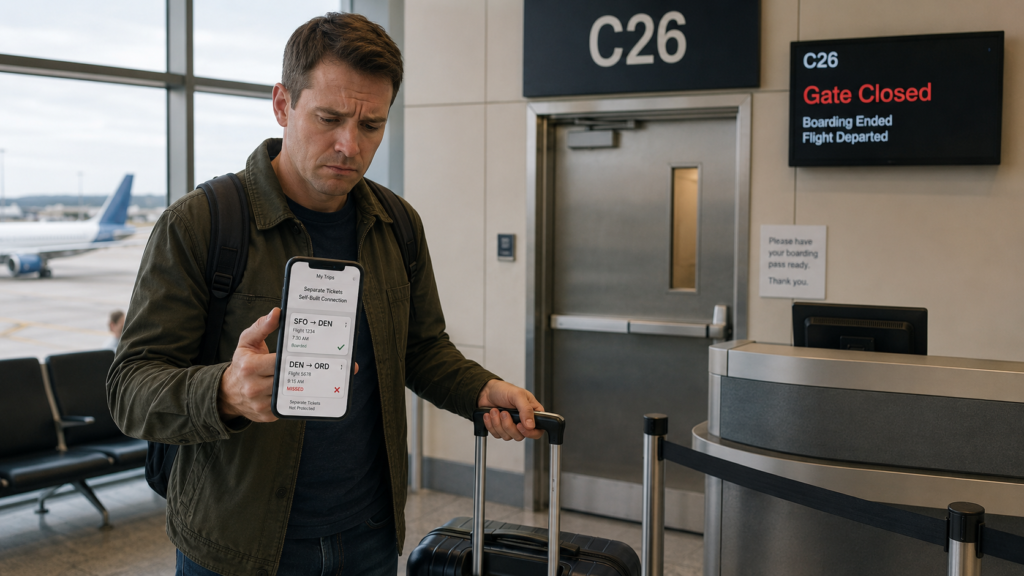 Traveler at a closed airport gate holding a phone showing a missed connection on separate tickets