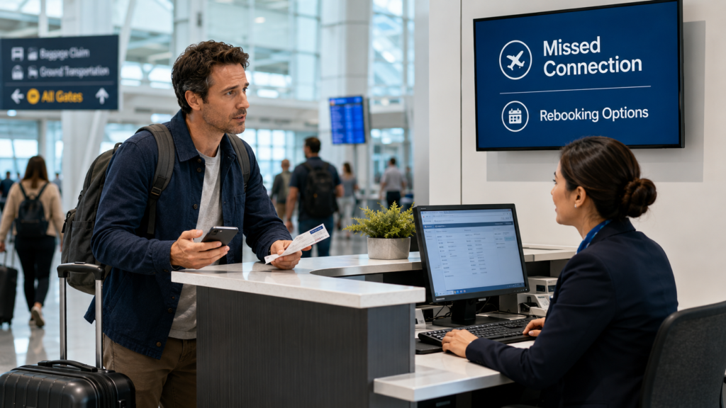 Traveler speaking with an airline agent at an airport rebooking counter after missing a connecting flight.