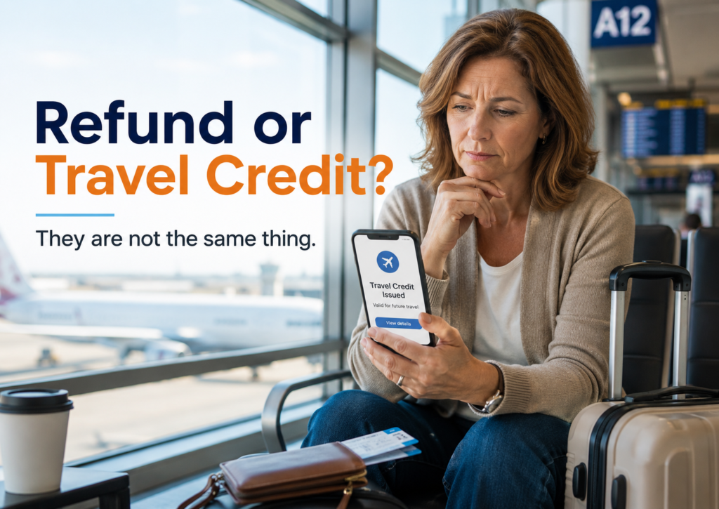 Middle-aged female traveler reviewing a travel credit issued on her phone while sitting at an airport gate