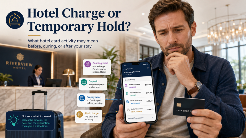 Traveler checking hotel card activity on a phone to compare a pending hold, deposit, prepayment, and final charge.