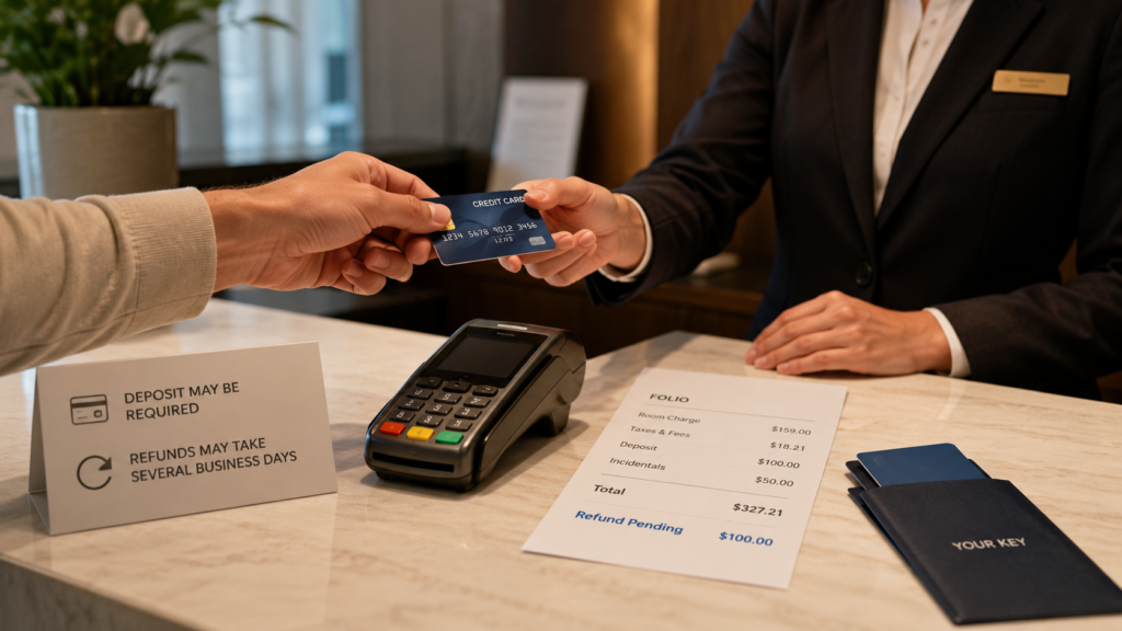 Hotel front desk payment terminal with credit card, room folio, and refund pending deposit notice