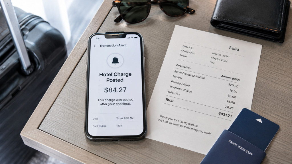 Phone showing a hotel charge posted after checkout beside a hotel folio and key card
