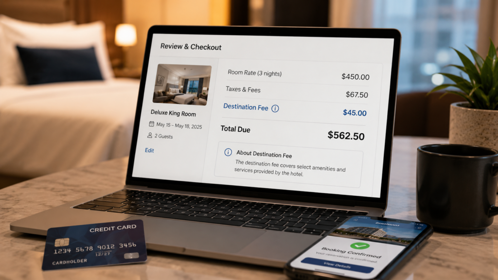 Hotel booking checkout screen showing a destination fee added to the total price