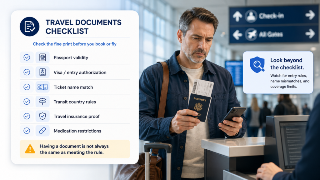 Traveler at an airport check-in counter reviewing a passport, boarding pass, and phone beside a travel documents checklist showing passport validity, visa rules, ticket name match, transit rules, insurance proof, and medication restrictions.