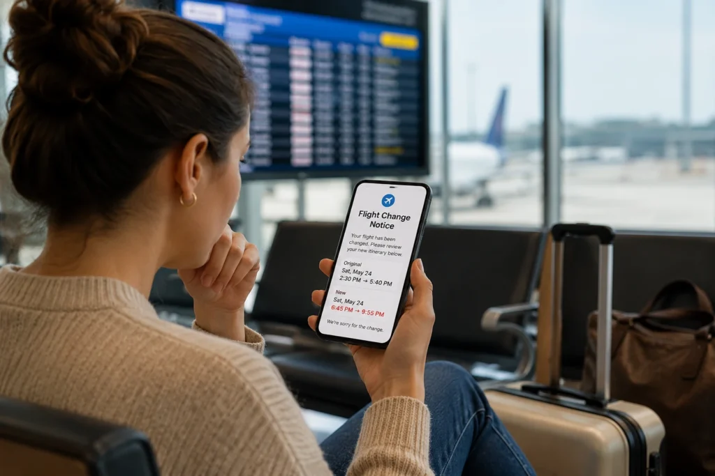 Traveler at an airport viewing a flight change notice on a smartphone after an airline changed the itinerary.
