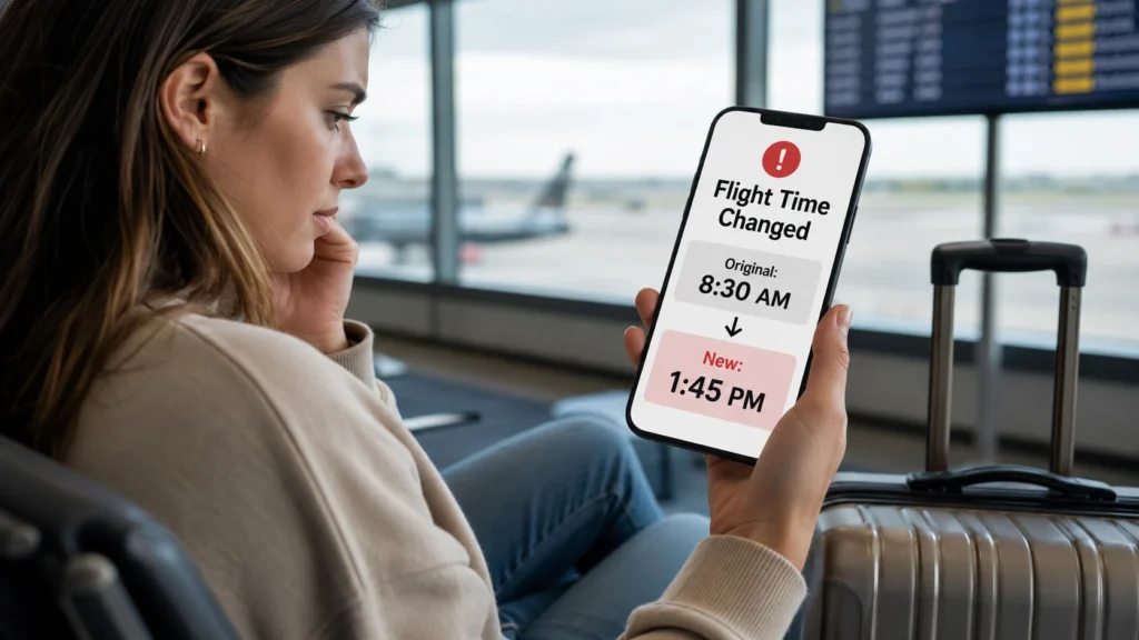 Traveler at an airport viewing a flight time change notice on a smartphone showing the original and new departure times.