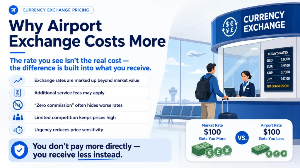 Traveler at an airport currency exchange counter with a visual breakdown showing why airport exchange rates cost more