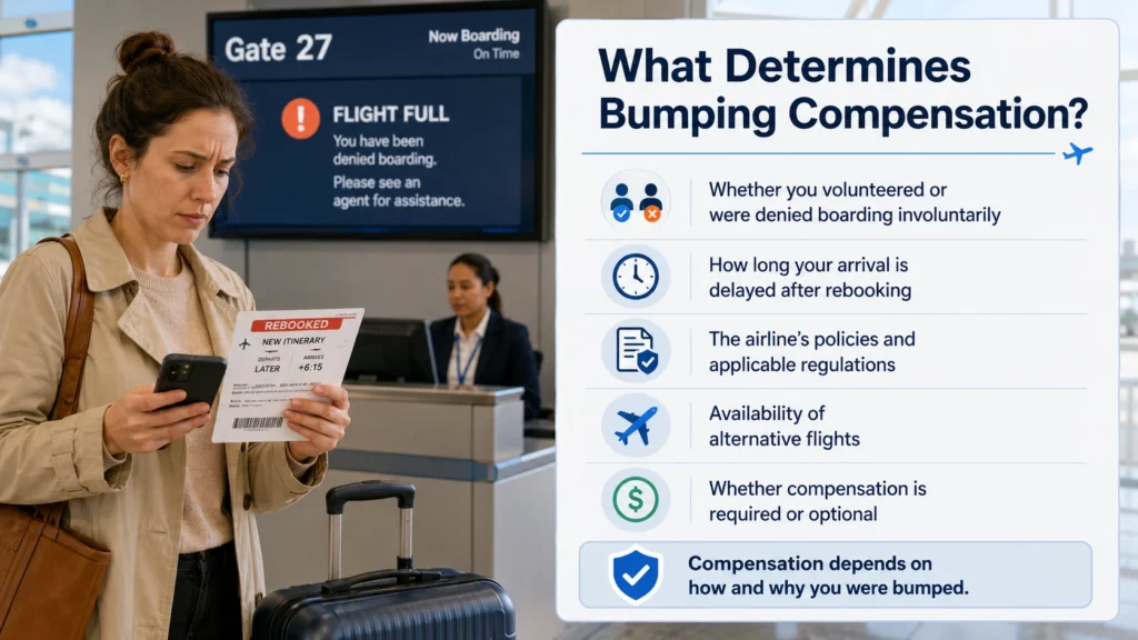 Traveler at an airport gate reviewing rebooking details with a visual breakdown of what determines flight bumping compensation