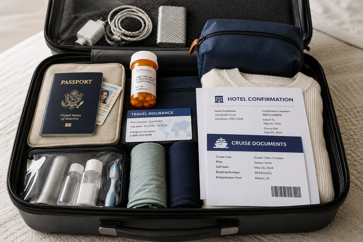 Open carry-on suitcase with passport, medication, charger, toiletries, travel documents, and folded clothes
