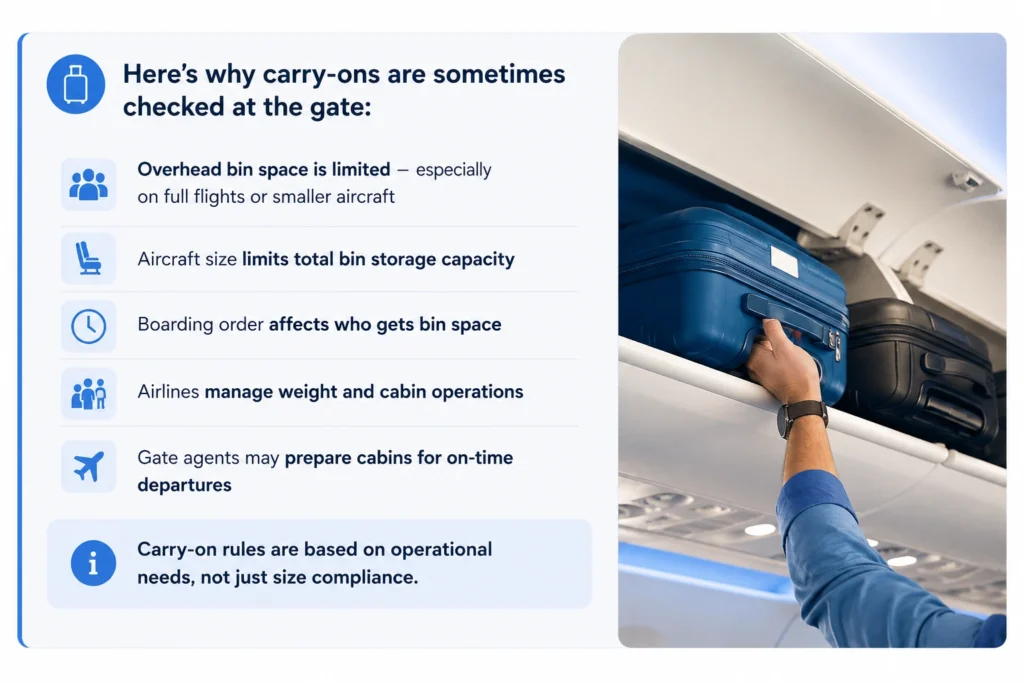 Carry-on suitcase being placed in an airplane overhead bin with text explaining why airlines sometimes check bags at the gate
