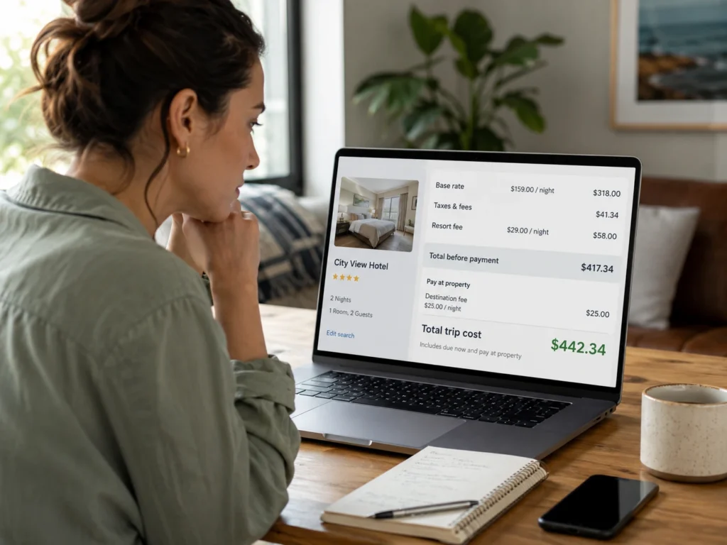 Traveler reviewing a hotel booking screen showing base rate, taxes, resort fee, pay-at-property fee, and final trip cost