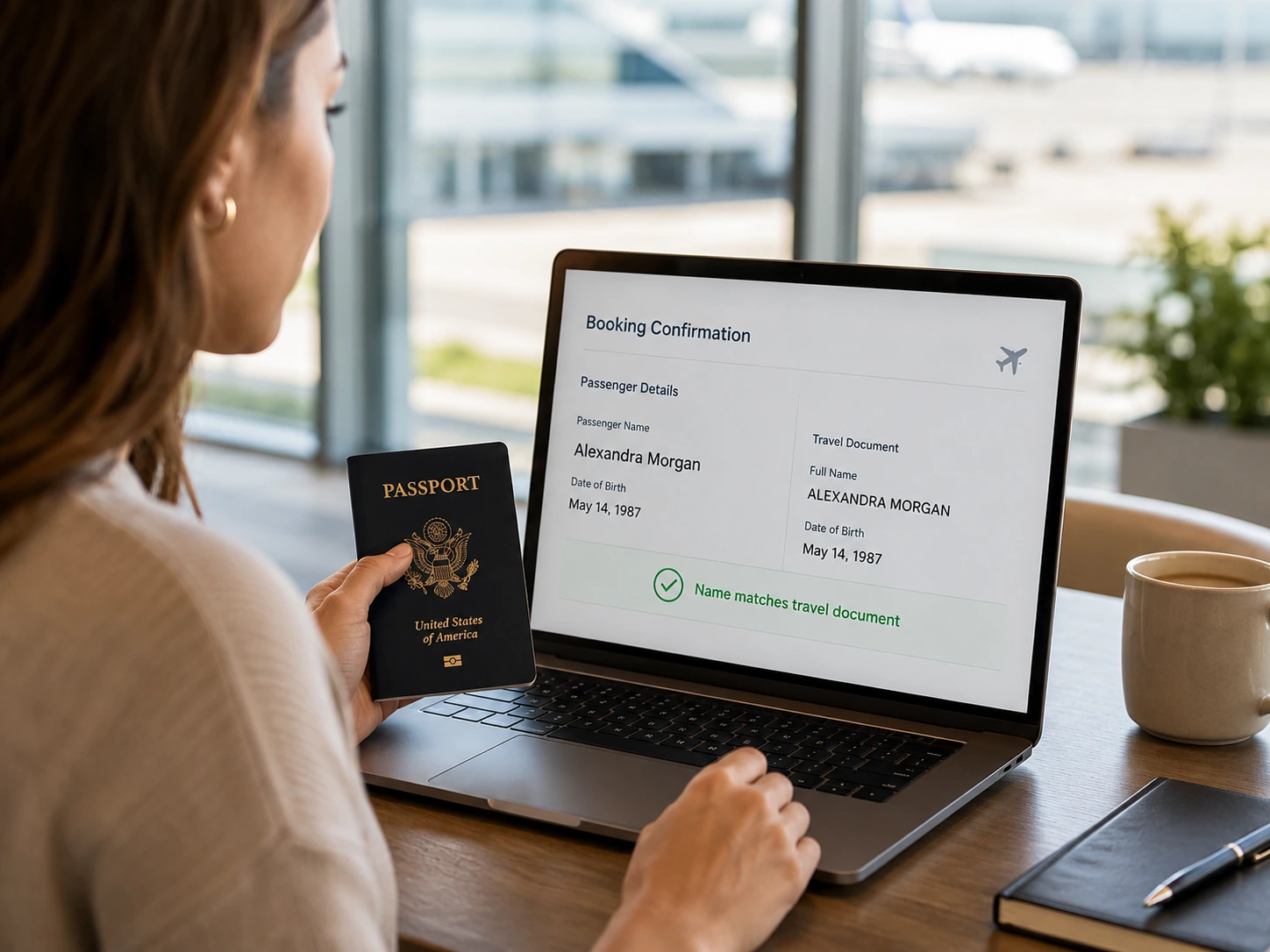 Traveler reviewing a flight booking and passport name to confirm the ticket name matches the government ID