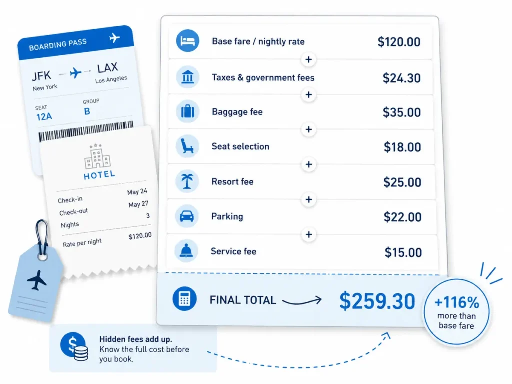Travel booking cost breakdown showing a base fare or nightly rate with added taxes, baggage fees, seat selection, resort fee, parking, service fee, and final total.