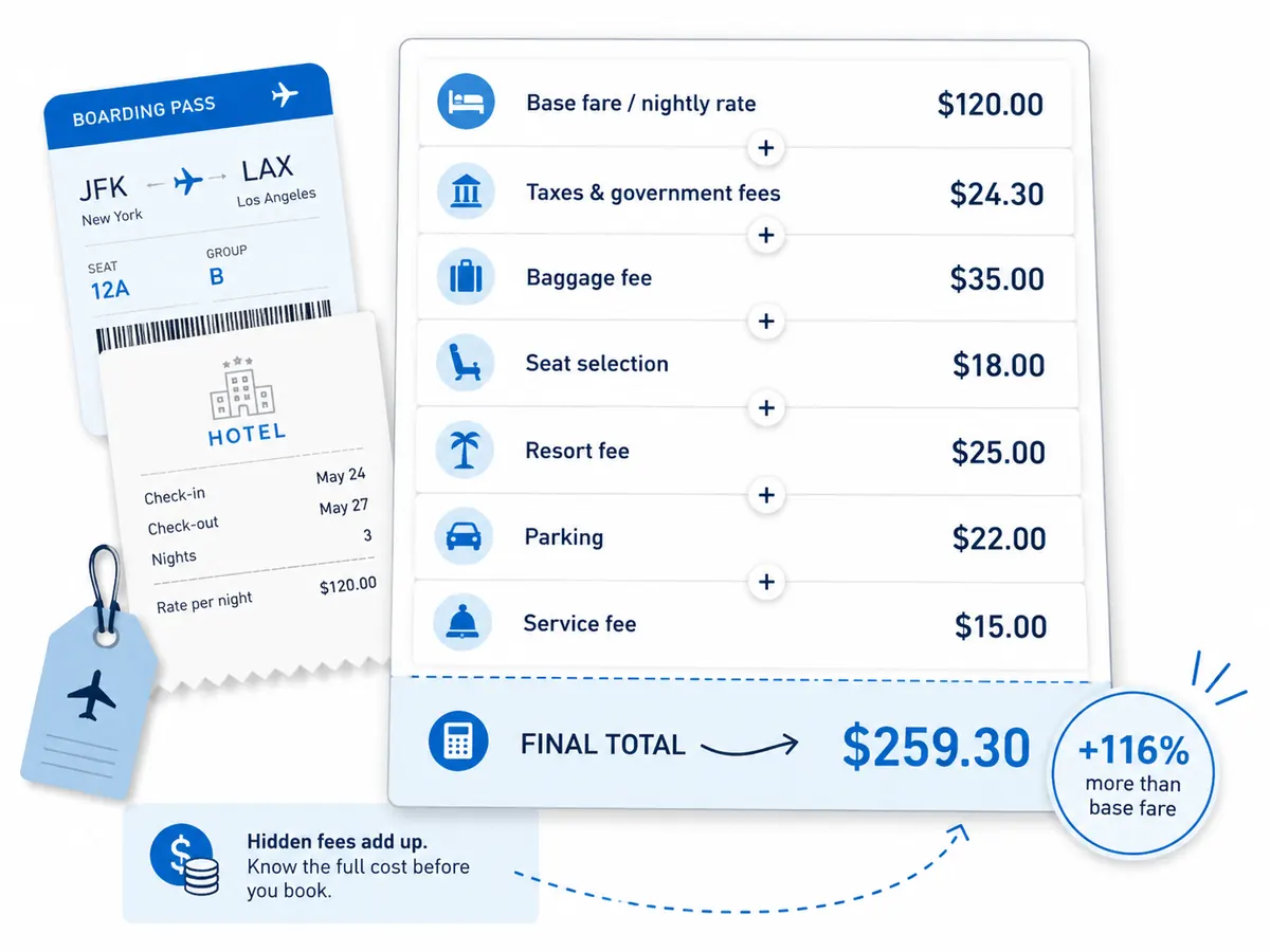 Travel booking cost breakdown showing a base fare or nightly rate with added taxes, baggage fees, seat selection, resort fee, service fee, and final total