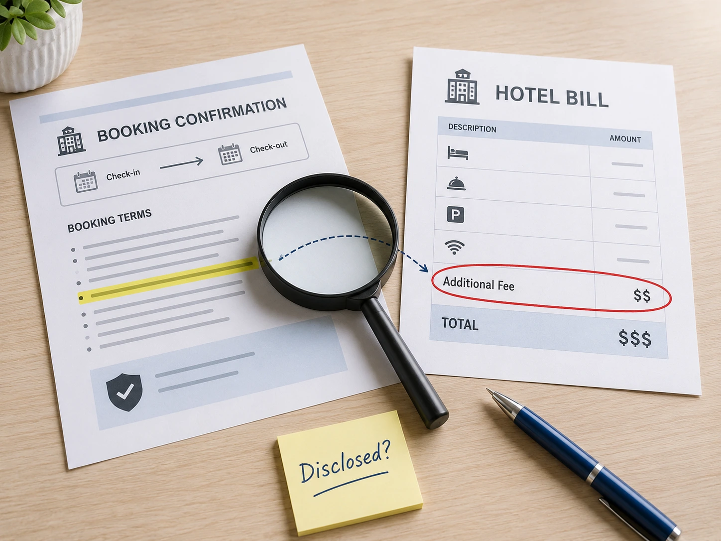 Hotel booking confirmation and hotel bill with a highlighted booking term, circled additional fee, magnifying glass, and sticky note asking whether the charge was disclosed.