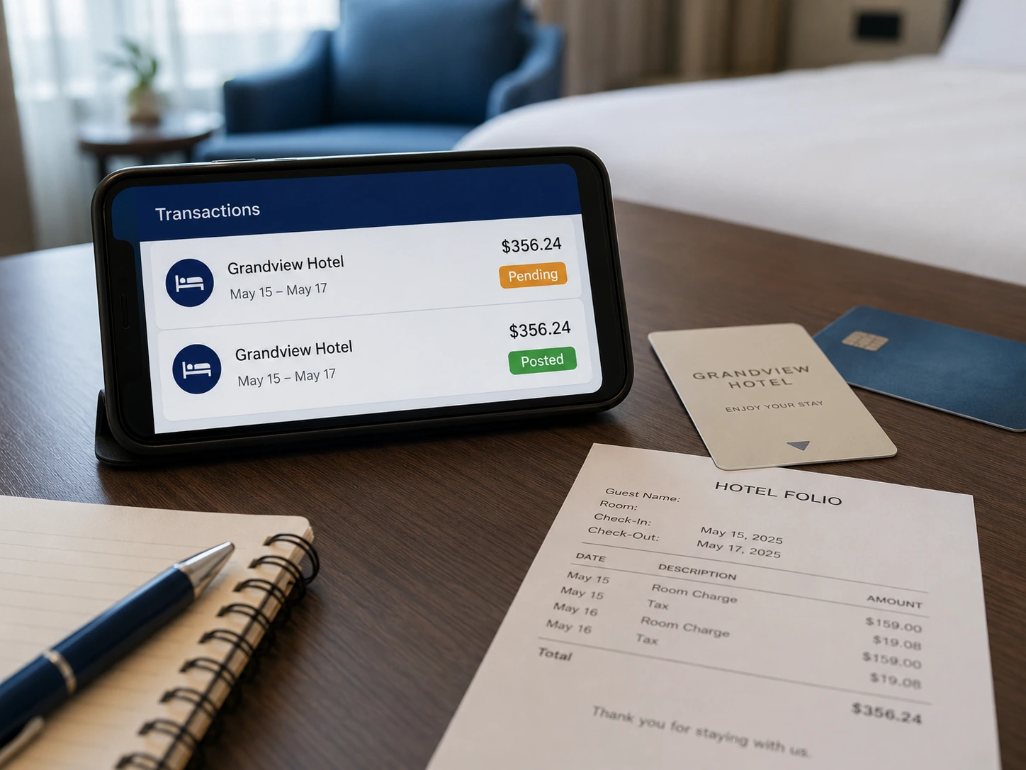 Hotel transaction screen showing one pending hotel charge and one posted hotel charge beside a hotel folio, key card, and credit card.