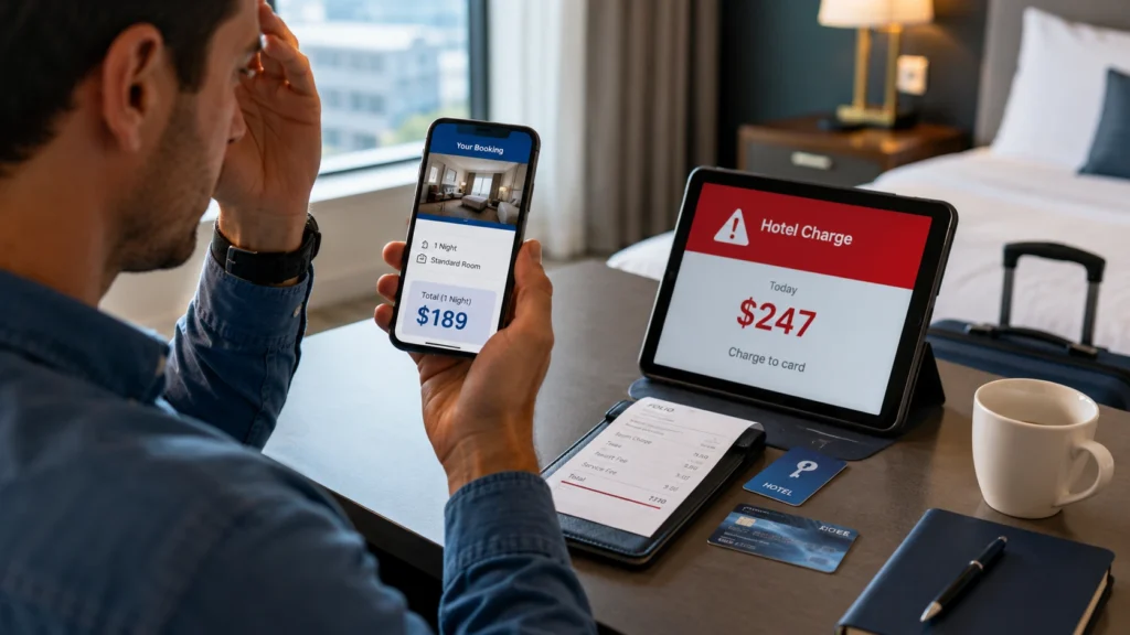 Traveler comparing a hotel booking confirmation showing a lower price with a higher hotel charge alert on another device.