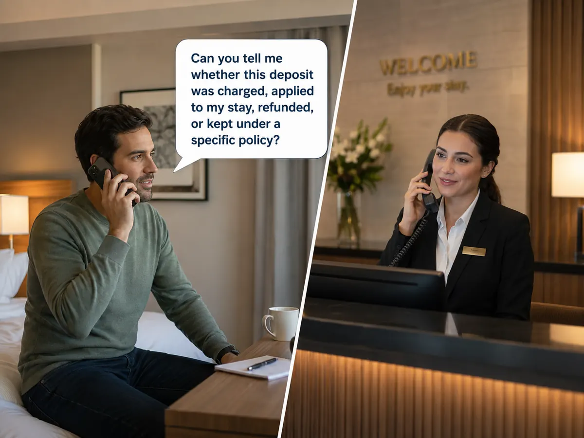 Split image of a hotel guest on the phone with the front desk asking whether a deposit was charged, applied to the stay, refunded, or kept under a specific policy