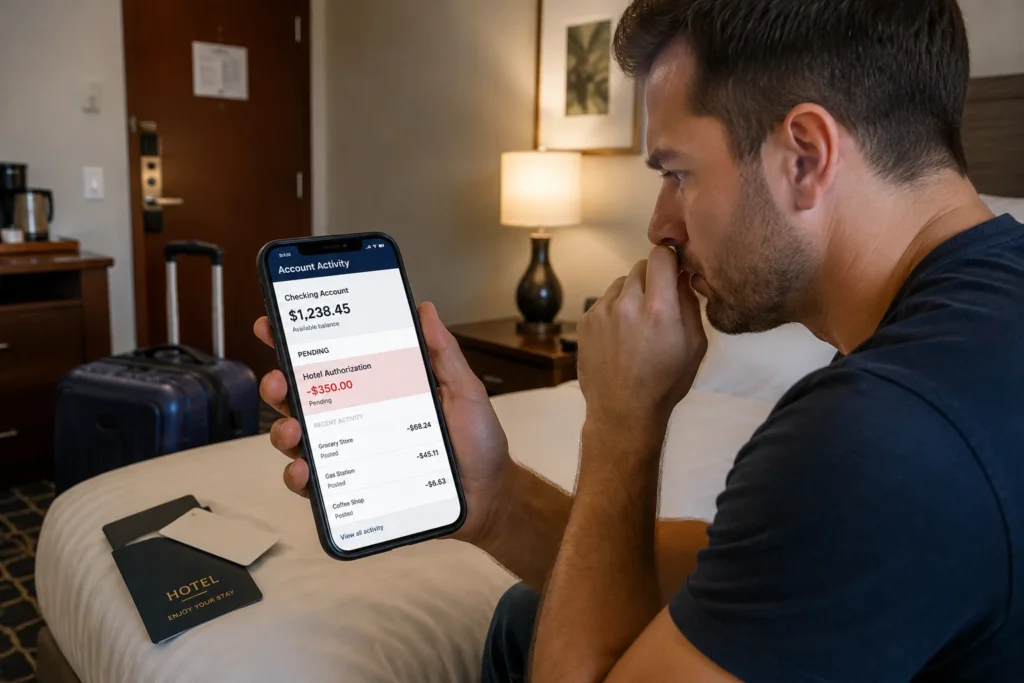 Traveler in a hotel room reviewing a pending hotel authorization charge on a banking app.