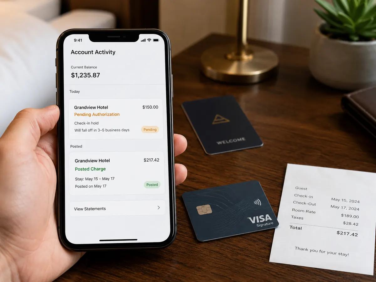 Phone showing a hotel pending authorization and posted hotel charge next to a hotel key card, credit card, and hotel receipt