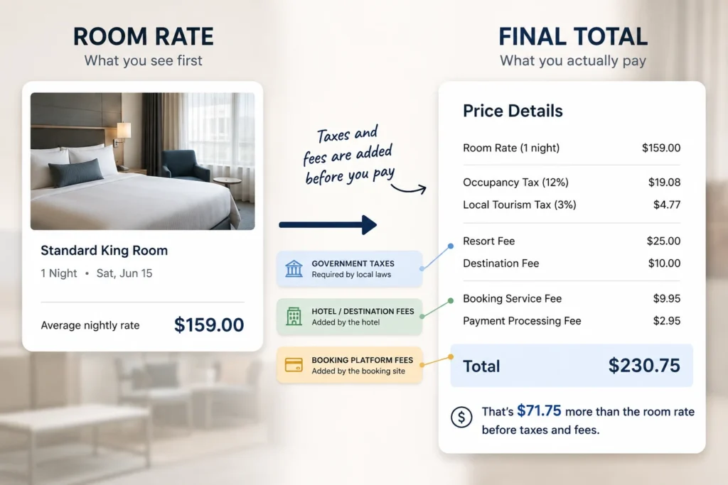 Infographic comparing hotel room rate versus final total with taxes, resort fees, destination fees, and booking platform charges added before payment.