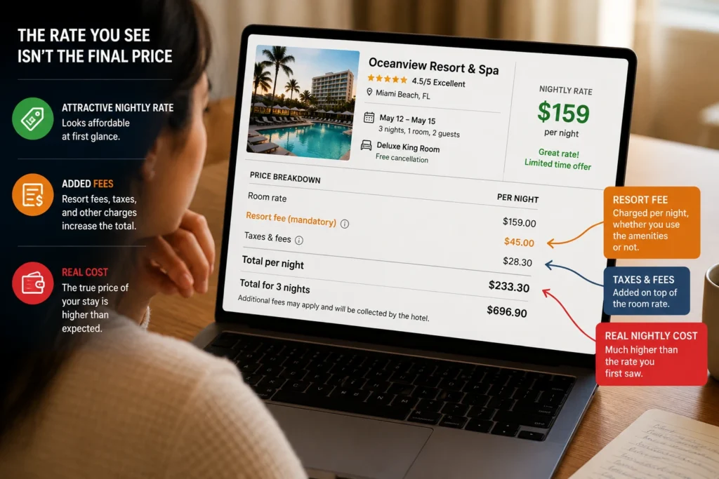 Traveler reviewing a hotel booking screen showing a nightly rate with a mandatory resort fee added to the total cost