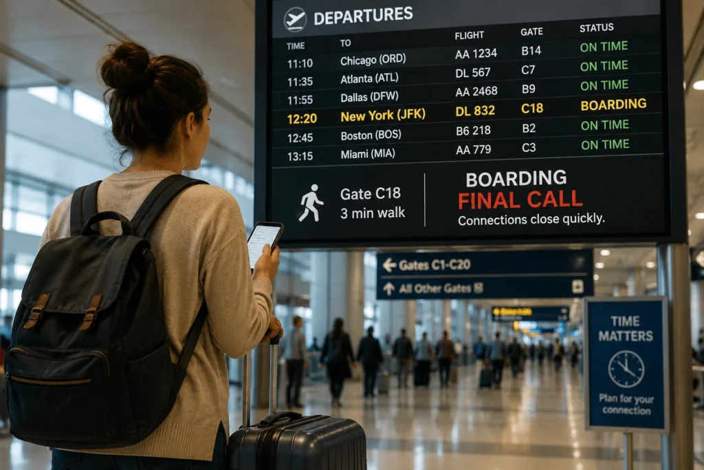 Traveler in an airport looking at a departure board showing final boarding during a tight flight connection.