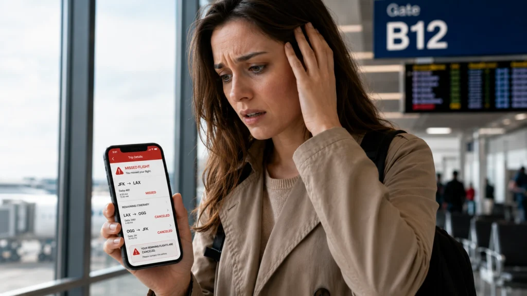 Traveler at an airport gate checking a phone showing a missed flight and canceled remaining itinerary