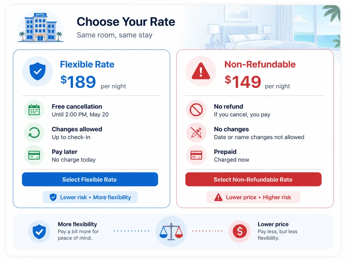 Hotel booking comparison showing a flexible hotel rate and a non-refundable hotel rate with different price and cancellation terms