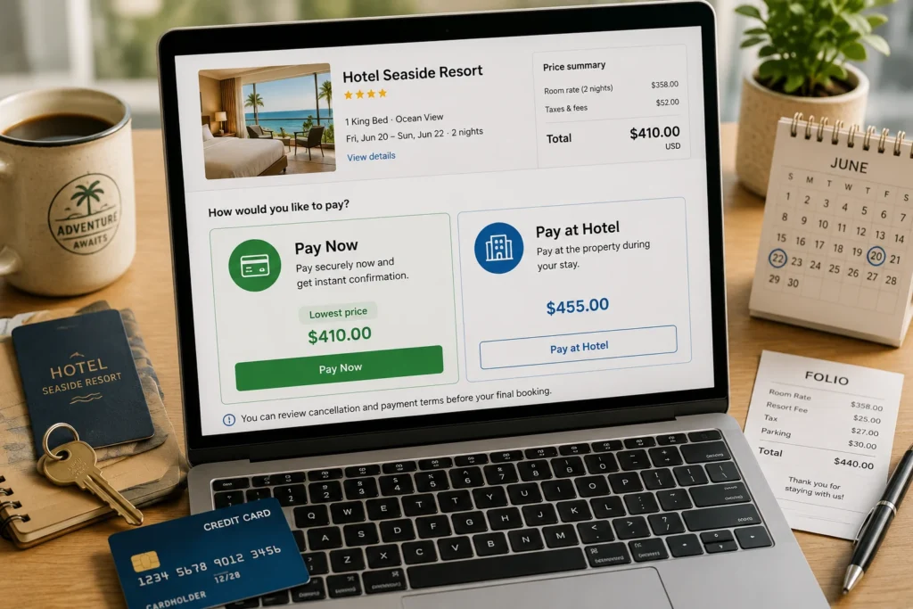 Laptop showing hotel checkout screen with pay now and pay at hotel booking options alongside hotel key, credit card, and travel planning items.