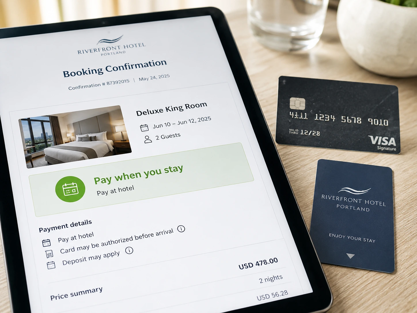 Hotel booking confirmation showing pay when you stay terms with payment details explaining card authorization and deposit timing