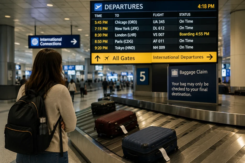 Traveler waiting at baggage claim while monitoring an international departure board during a separate-ticket flight connection