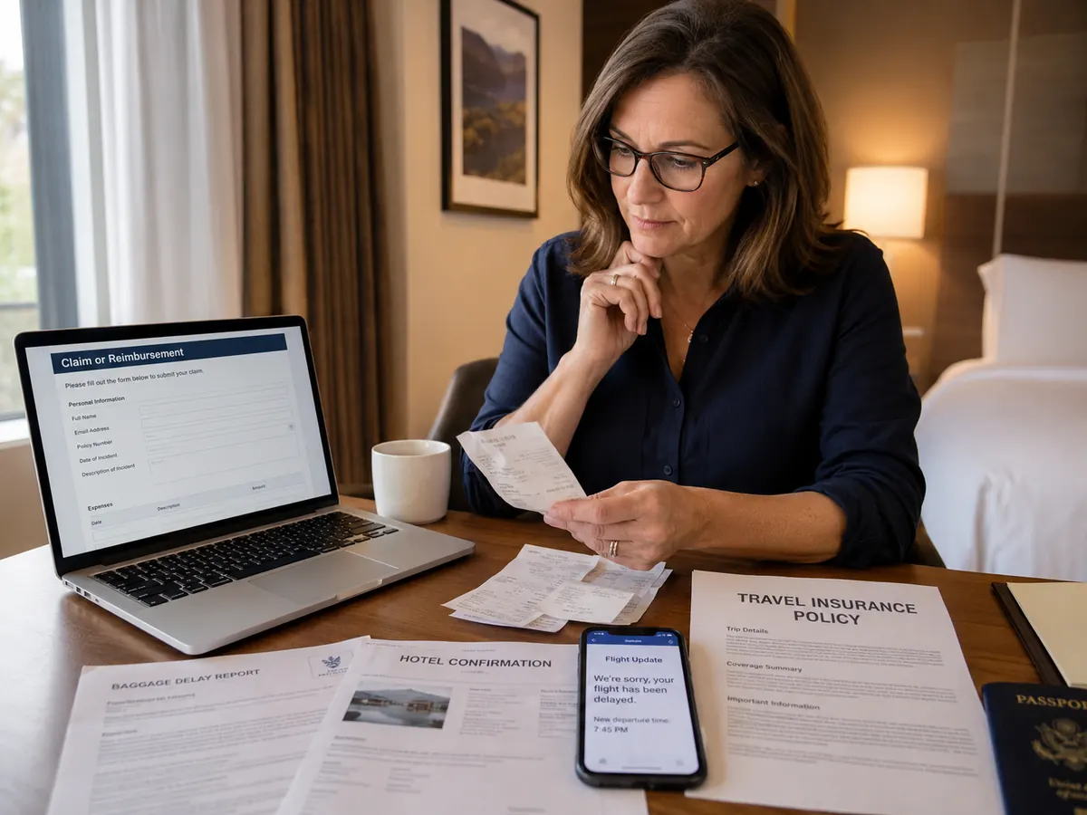 Middle-aged woman in a hotel room reviewing receipts, a baggage delay report, travel insurance policy, hotel confirmation, passport, and phone notification while preparing a travel claim or reimbursement request