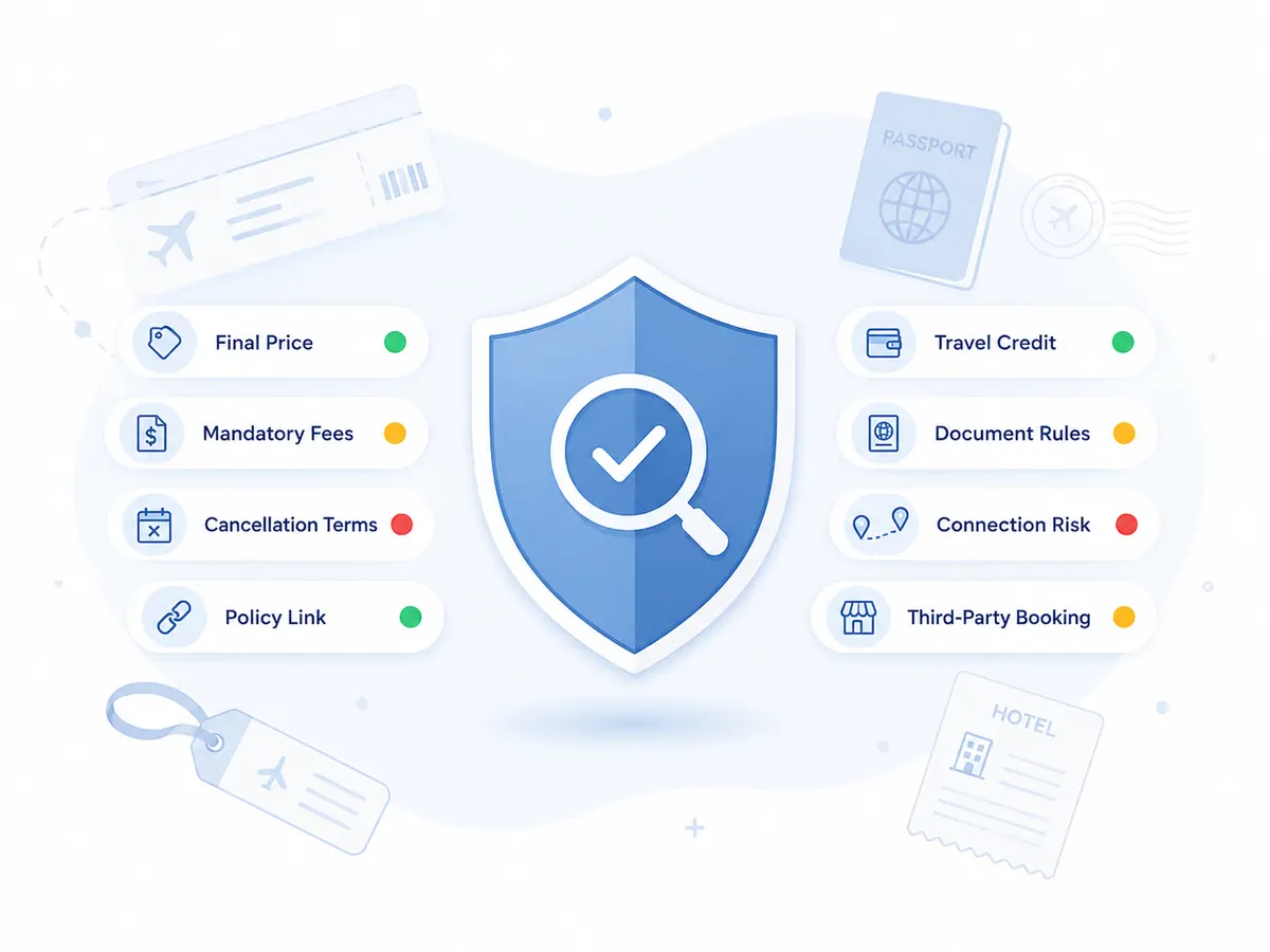 Illustration of a travel risk checker shield with fine print categories including final price, mandatory fees, cancellation terms, policy links, travel credit, document rules, connection risk, and third-party booking
