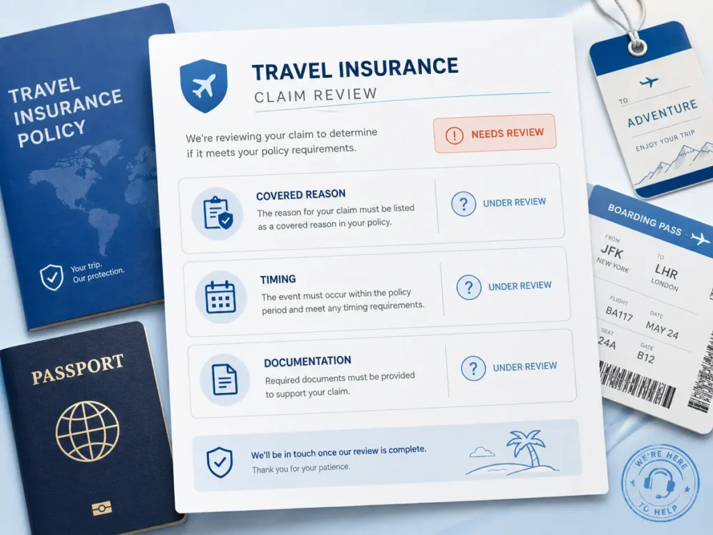 Travel insurance claim review illustration showing covered reason, timing, and documentation checks alongside a policy booklet, passport, and boarding pass.