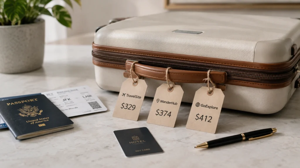 Suitcase with multiple travel website price tags showing different prices for the same trip