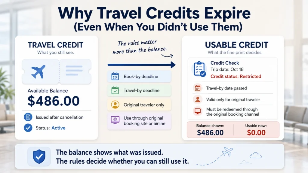 Traveler-focused infographic showing how an unused travel credit balance can become restricted or expire because of book-by dates, travel-by deadlines, original traveler rules, and booking channel restrictions.