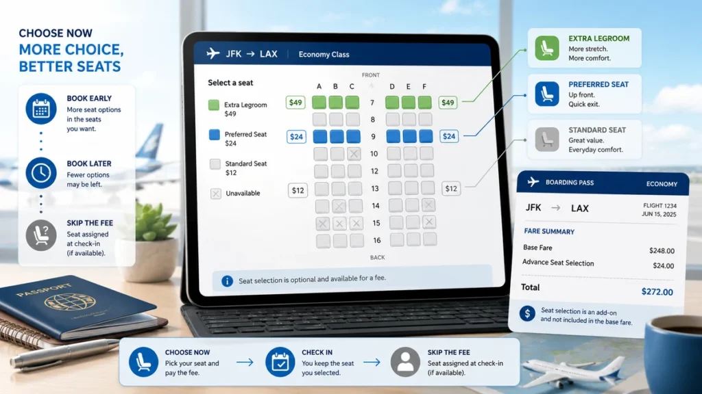 Airline seat selection screen showing advance seat selection fees for standard, preferred, and extra legroom seats.