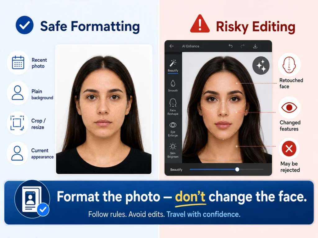 Infographic comparing safe passport photo formatting with risky AI editing, showing that cropping and resizing may be acceptable but retouching or changing facial features may cause problems.