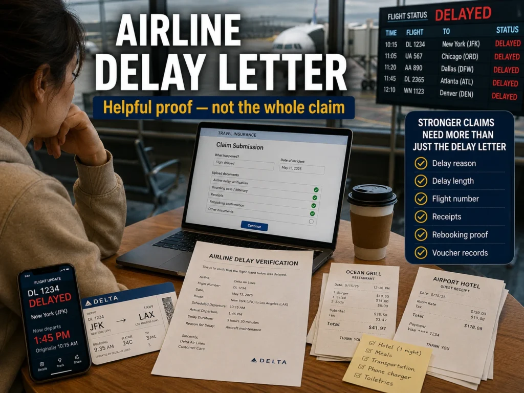 Traveler at an airport with a laptop travel insurance claim form, airline delay verification letter, boarding pass, delayed flight notice, receipts, and checklist of proof needed for a delay claim.