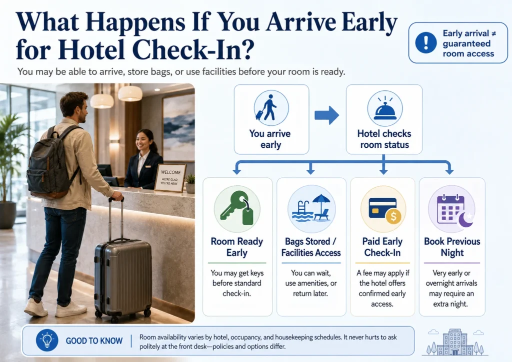 Infographic explaining what may happen when travelers arrive early for hotel check-in, including early room access, luggage storage, facility access, paid early check-in, or booking the previous night.
