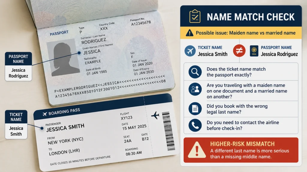 Open passport and boarding pass showing a higher-risk name mismatch between Jessica Rodriguez and Jessica Smith.