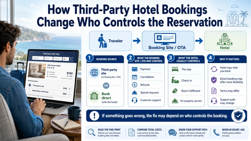 Infographic showing how third-party hotel bookings can shift control of payment, cancellations, refunds, special requests, and support from the hotel to the booking site.
