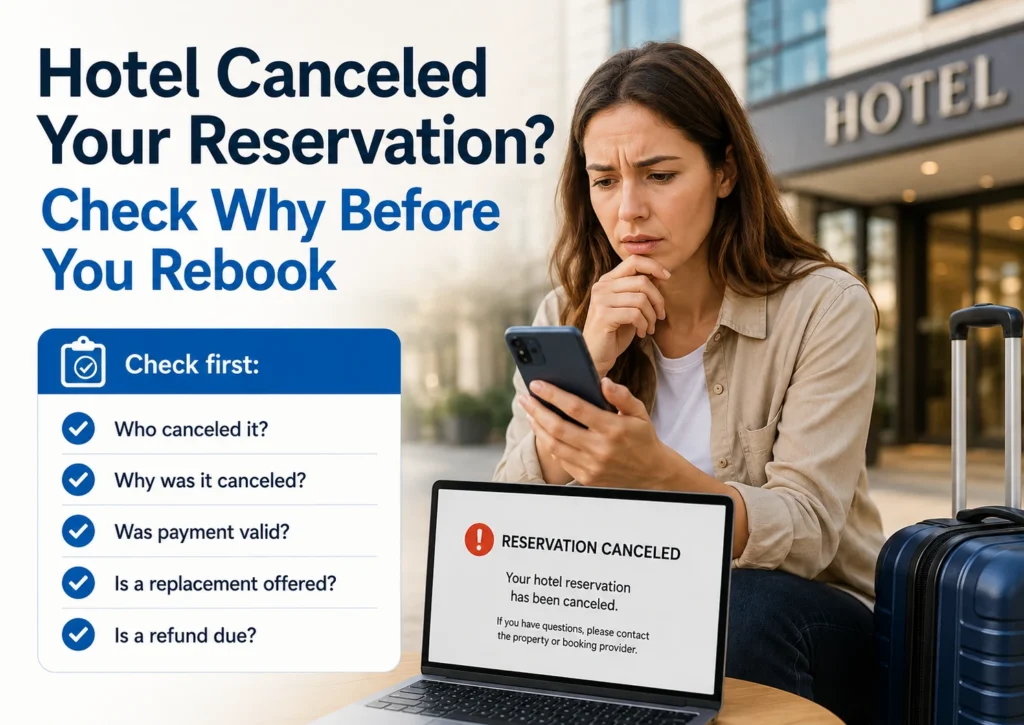 Traveler outside a hotel looking at a reservation canceled notice while a checklist shows what to confirm before rebooking.