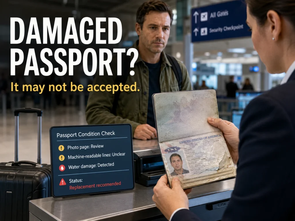 Airport check-in scene showing an airline agent reviewing a damaged passport with a condition check screen warning about photo page, machine-readable lines, and water damage.