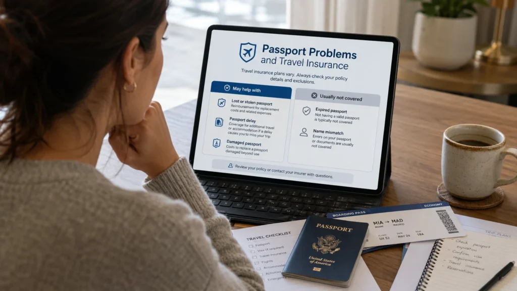 Traveler reviewing passport, boarding pass, and travel insurance coverage on a tablet before an international trip.