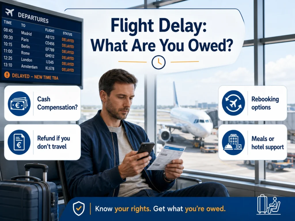 Traveler at an airport with delayed flight information, showing options for cash compensation, refunds, rebooking, meals, and hotel support.