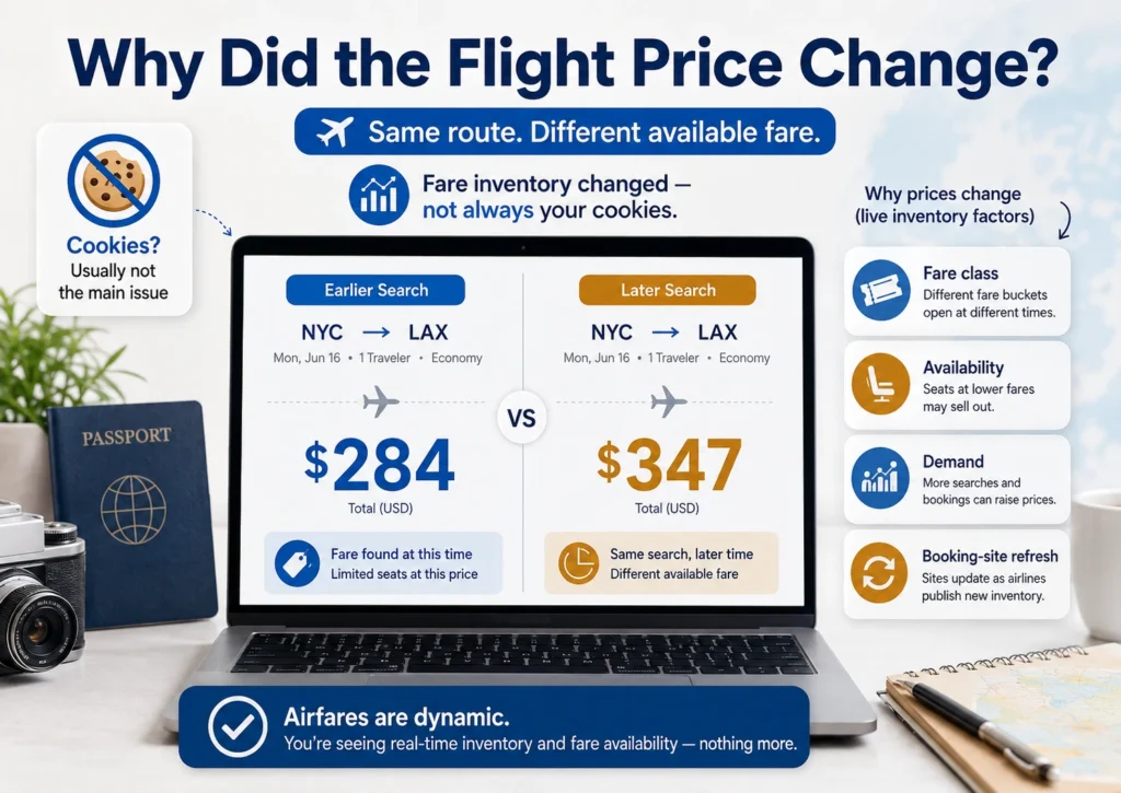 Flight search screen showing the same route at two different prices, with callouts explaining fare class, availability, demand, booking-site refreshes, and why cookies are usually not the main issue.