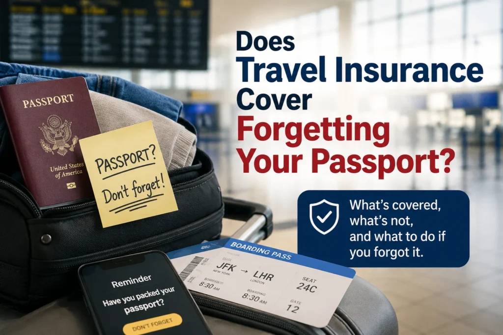 Airport travel insurance graphic showing a suitcase, passport reminder, boarding pass, and phone alert asking whether travel insurance covers forgetting a passport.