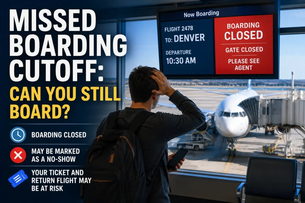 Traveler at an airport gate looking at a boarding closed screen with a plane still at the gate, showing no-show risk and possible ticket consequences.